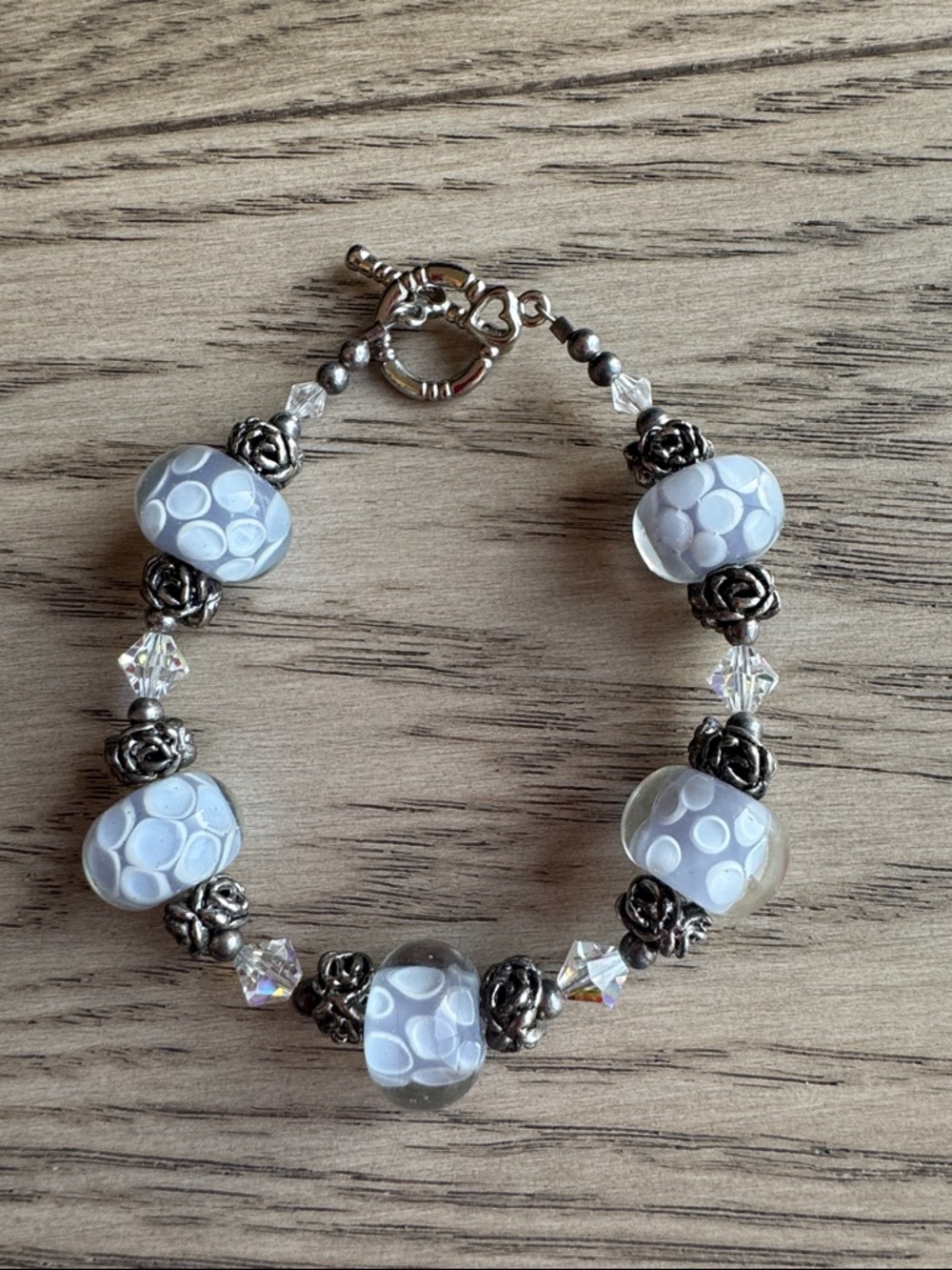 Light Purple Dot Glass Bead with Swarovski Crystals and Silver accent Bracelet
